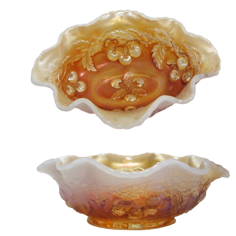 Art Deco Dugan Carnival Peach Opal Slag Glass Berry Bowl Wreathed Cherry Oval