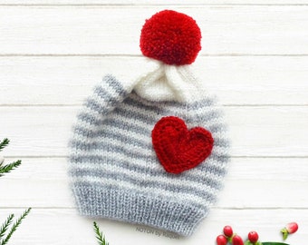 Baby Red Heart Beanie Winter Hat, 6-12 months, by NOTON by Raquel for KIDS
