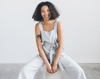 Naomi ice grey jumpsuit - Combi-pantalon en lin - Combi-pantalon oversize - Combi-short en lin - Vêtements en lin pour femme - Salopette en lin - Combi-pantalon large