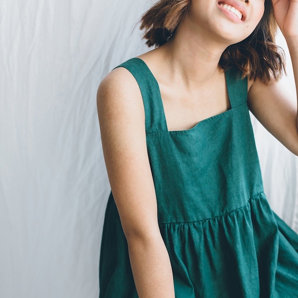 Summer emerald green dress - Linen dress - Summer linen dress - Midi dress - Loose linen dress - Simple linen dress - Pinafore dress