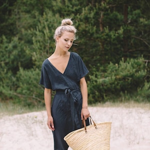 Ready to ship - Loose wrap linen dress - Maternity linen dress - Linen dress - Graphite grey linen dress