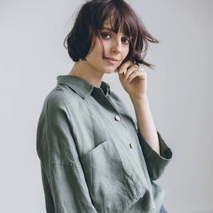 Kay pine green shirt - Linen shirt - Drop shoulder shirt - Oversized linen shirt - Washed linen clothes - Linen everyday shirt
