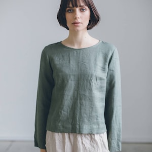 Jana pine green top - Linen blouse - Linen blouse with long sleeves - Basic linen blouse - Linen top - Linen shirt - Washed linen clothes