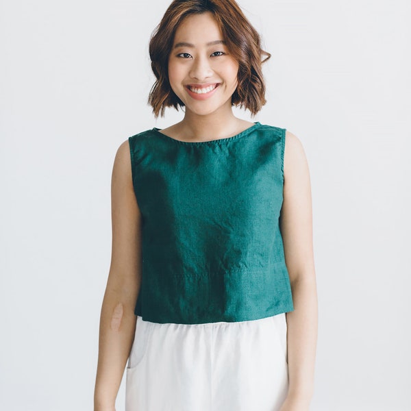 Crop emerald green top - Linen crop top - Basic linen top - Linen tank top - Linen blouse - Soft linen clothing - Washed linen top