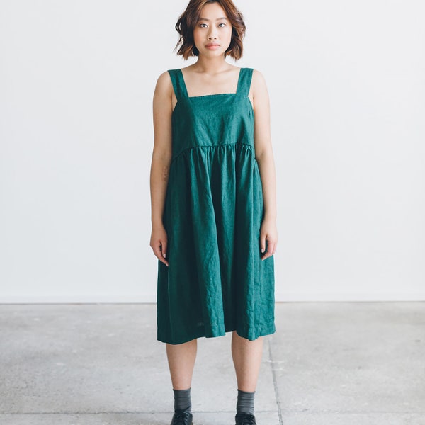 Zomerse smaragdgroene jurk - Linnen jurk - Zomerse linnen jurk - Midi-jurk - Losse linnen jurk - Eenvoudige linnen jurk - Pinafore-jurk