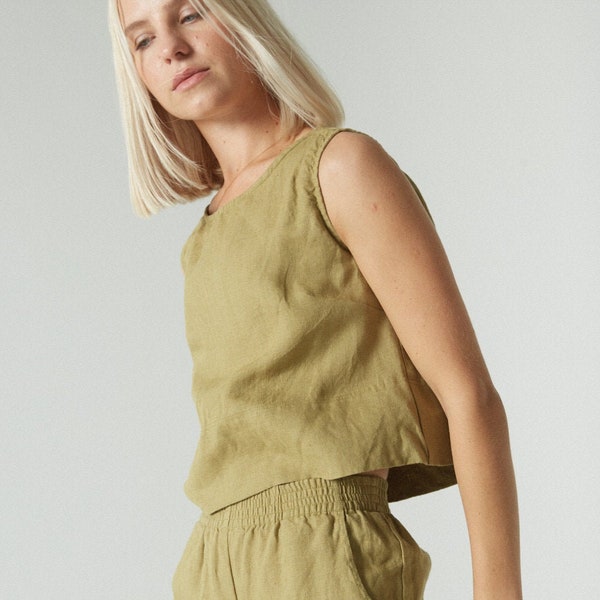 Crop olive top - Basic linen top - Linen tank top - Linen blouse - Soft linen clothing - Washed linen top