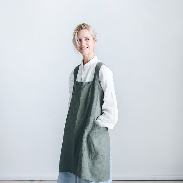 Pinafore apron/ Japanese apron/ Workshop apron/ Pinafore/ Linen cross back apron/ Pinafore dress apron/ Smock apron