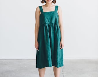 Summer emerald green dress - Linen dress - Summer linen dress - Midi dress - Loose linen dress - Simple linen dress - Pinafore dress