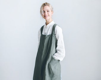 Delantal pinafore/ Delantal japonés/ Delantal de taller/ Delantal de lino/ Delantal de espalda cruzada de lino/ Delantal de vestir pinafore/ Delantal smock