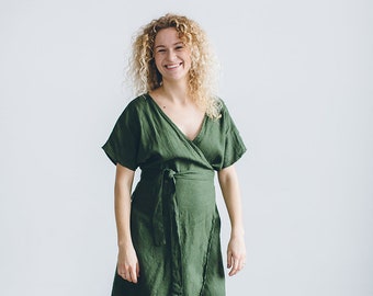 Mimosa forest green dress - Maternity dress - Wrap linen dress - Oversized linen dress - Summer dress - Linen dress