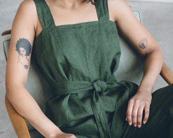 Naomi  forest green jumpsuit - Linen jumpsuit - Oversized jumpsuit Linen romper - Women linen clothing - Linen overall - Wide leg jumpsuit