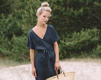 Ready To ship - Loose Wrap Linen Dress - Maternity linen dress - Linen dress - Graphite grey linen dress