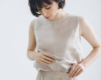 Luna beige top - Basic linen top - Linen tank top - Linen blouse - Linen shirt