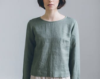 Top verde pino Jana - Blusa di lino - Blusa di lino a maniche lunghe - Blusa di lino basic - Top di lino - Camicia di lino - Abiti di lino lavati