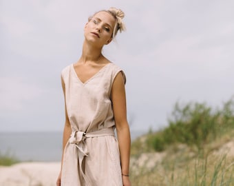 Dori beige dress - Beige linen dress - Summer linen dress - V neck linen dress - Linen dress