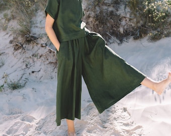 Clementine forest green trousers - Culottes - Linen Culottes - Wide linen pants - Linen pants - Soft linen pants - Summer pants