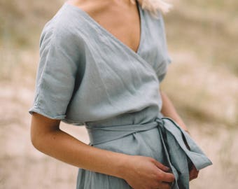 Mimosa sea green dress - Wrap linen dress - Maternity linen dress - Oversized linen dress - Summer dress - Linen dress