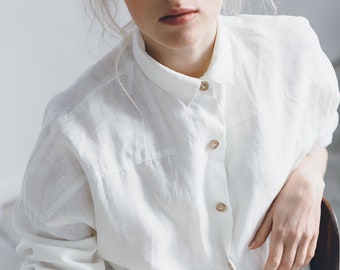 Camicia Lyn bianco latte - Camicia di lino lavato - Camicia di lino - Camicia con spalla abbassata - Abiti di lino oversize - Camicia Lyn