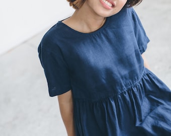 Anna navy blue dress - Linen dress - Summer linen dress - Midi linen dress