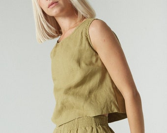 Crop olive top - Basic linen top - Linen tank top - Linen blouse - Soft linen clothing - Washed linen top