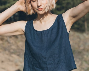 Malibu navy blue top - Linen top - Linen blouse- Linen tank top - Linen crop top