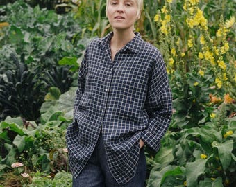 Kay Dark Blue Checkered Linen Shirt - Oversized Drop Shoulder Shirt - Woman's Shirt -Checked Shirt - Linen Checks - All Season Wear- Relaxed