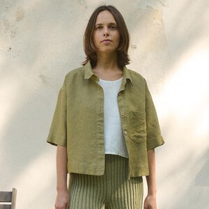 Jamie heavy olive linen shirt - Heavy linen shirt - Linen cardigan - Linen button-down shirt - Washed linen shirt - Autumn shirt