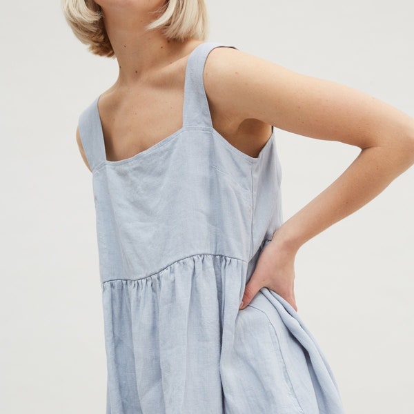 Summer dusty blue dress - Linen dress - Summer linen dress - Midi dress - Loose linen dress - Simple linen dress - Pinafore dress