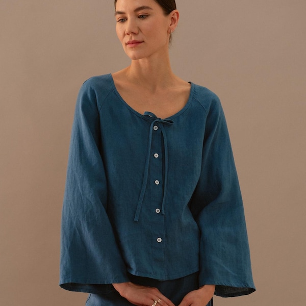 Tie Neck Linen Blouse with Bell Sleeves - Ruth - Stellar Blue Linen Top - Button Top - Linen Shirt - Linen Blouse