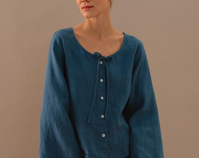 Tie Neck Linen Blouse with Bell Sleeves - Ruth - Stellar Blue Linen Top - Button Top - Linen Shirt - Linen Blouse