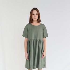 Anna piniengrünes Kleid - Schlichtes Leinenkleid - Anna Kleid - Hängerkleid Alltagskleid - Oversized Kleid - Lässiges Kleid
