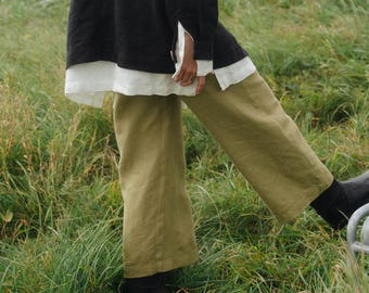Ocean Heavy Olive Linen Trousers - Cropped Heavy Linen Pants - Woman's Trousers - Pants for Women -Plus Size - Heavy Linen - Loose Pants