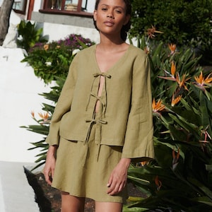Ready to ship - Marina linen top - Tie up front top - Linen blouse - Loose linen blouse - Long sleeved top - Linen top - Tie up top