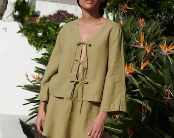 Ready to ship - Marina linen top - Tie up front top - Linen blouse - Loose linen blouse - Long sleeved top - Linen top - Tie up top