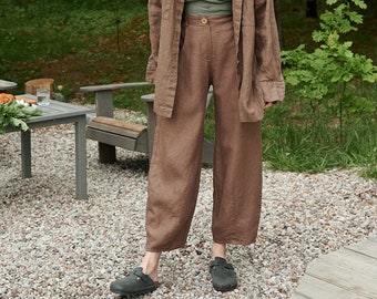 Frankie heavy cacao trousers - Heavy linen pants - Linen trousers - Linen barrel pants - Washed heavy linen pants