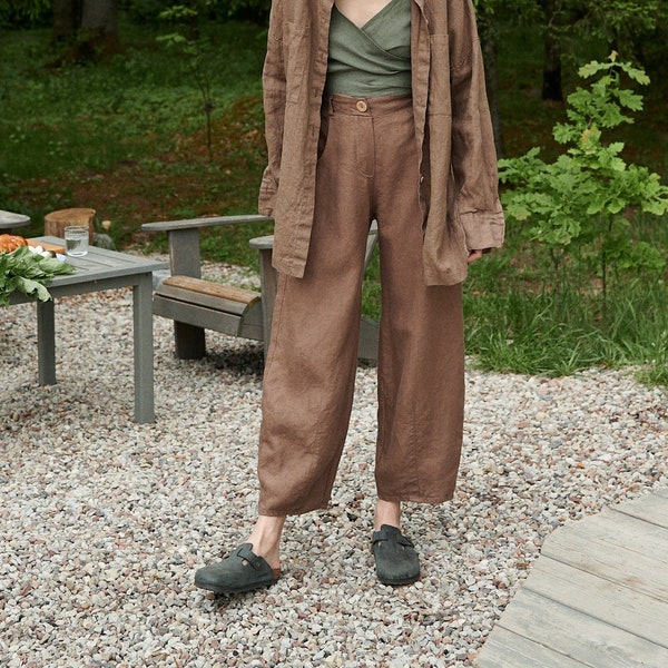 Frankie heavy cacao trousers - Heavy linen pants - Linen trousers - Linen barrel pants - Washed heavy linen pants