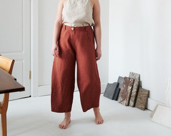 Frankie heavy terracotta trousers - Heavy linen pants - Linen trousers - Linen barrel pants - Washed heavy linen pants