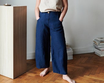 Frankie heavy navy blue trousers - Heavy linen pants - Linen trousers - Linen barrel pants - Washed heavy linen pants