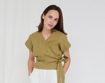 Bonni olive top - Wrap linen top - Linen top - Wrap top - Linen shirt