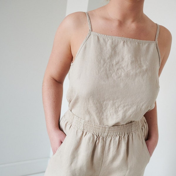 Stella beige top - Linen top - Linen blouse - Linen basic top - Spaghetti straps top