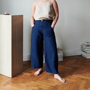 Frankie heavy navy blue trousers - Heavy linen pants - Linen trousers - Linen barrel pants - Washed heavy linen pants