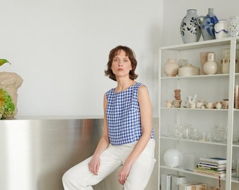 Crop Blue Gingham Top - Basic Linen Top - Linen Tank Top - Linen Blouse - Gingham Linen