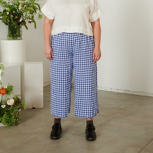 Spodnie w kratkę Ocean Blue Gingham - Spodnie lniane - Spodnie lniane - Spodnie lniane w kratkę