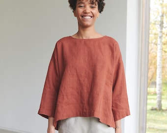 Harper terracotta tuniek - Linnen blouse - Linnen tuniek - Linnen overhemd - Linnen top - Losse linnen blouse