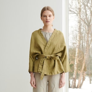 Rene olive jacket - Medium weight linen jacket - Linen coat - Washed linen coat - Linen cardigan