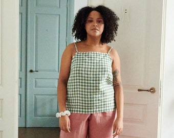 Blusa Stella verde xadrez - Blusa de linho - Blusa básica de linho - Blusa de alças finas