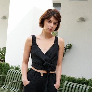 Soja black wrap top - Wrap top - Crop top - Linen wrap blouse