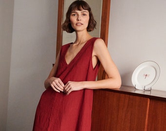 Ready to ship - Rue burgundy red dress - Deep V neck dress - Linen dress - Long linen dress