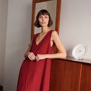 Rue burgundy red dress Deep V neck dress Linen dress Long linen dress image 1