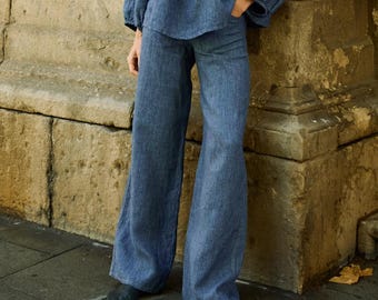 Brit Striped Blue Linen Pants - Wide-leg Pants - Striped Linen Trousers - Woman's Linen Culottes - Wide Woman's Pants - Loose-Fit Trousers